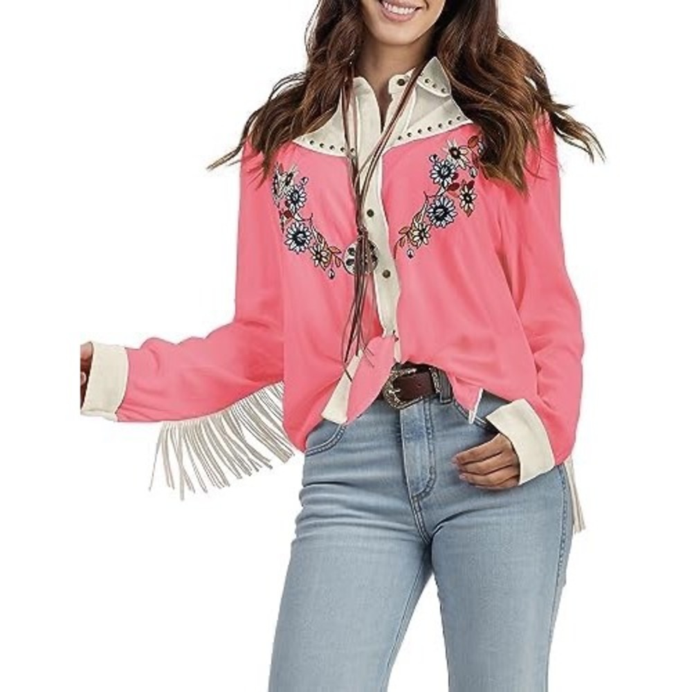 John Moon Texas Pink Western Shirt Floral Embroidery Fringe Studded XL Handmade - Picture 13 of 14